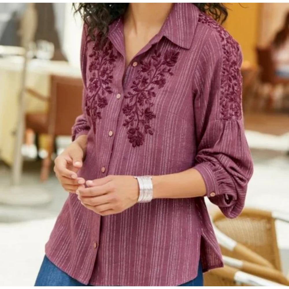 SOFT SURROUNDINGS NWT Peralta Blouse Plum Berry Embroidered Size M Small Stain